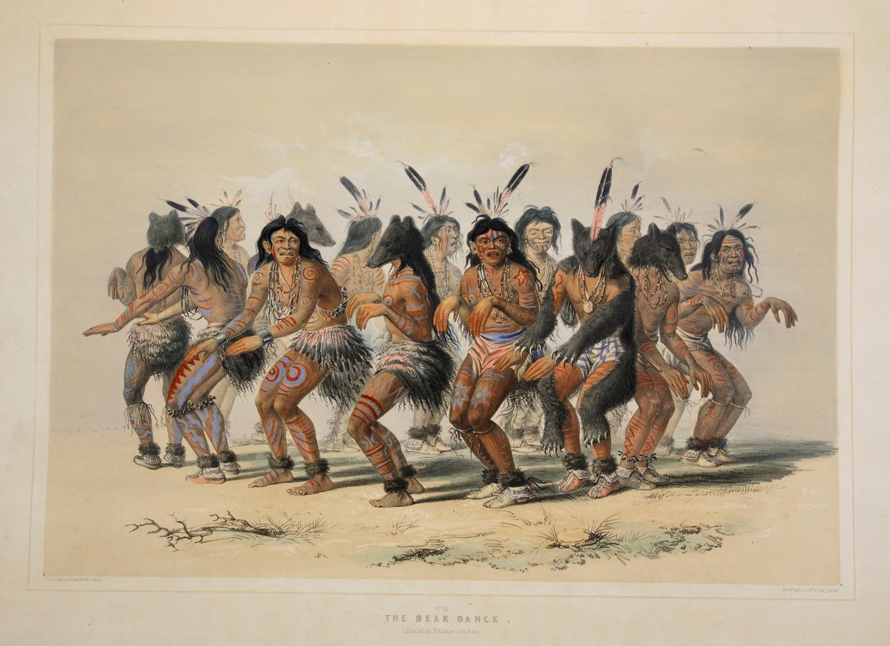 A Dança do Urso, pub. Litografia colorida de 1845. de George Catlin