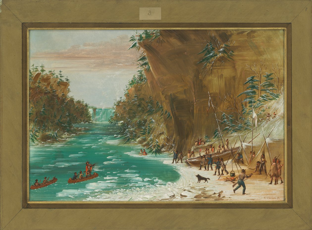 A Expedição Acampada Abaixo das Cataratas do Niágara em 20 de janeiro de 1679, 1847-48 de George Catlin