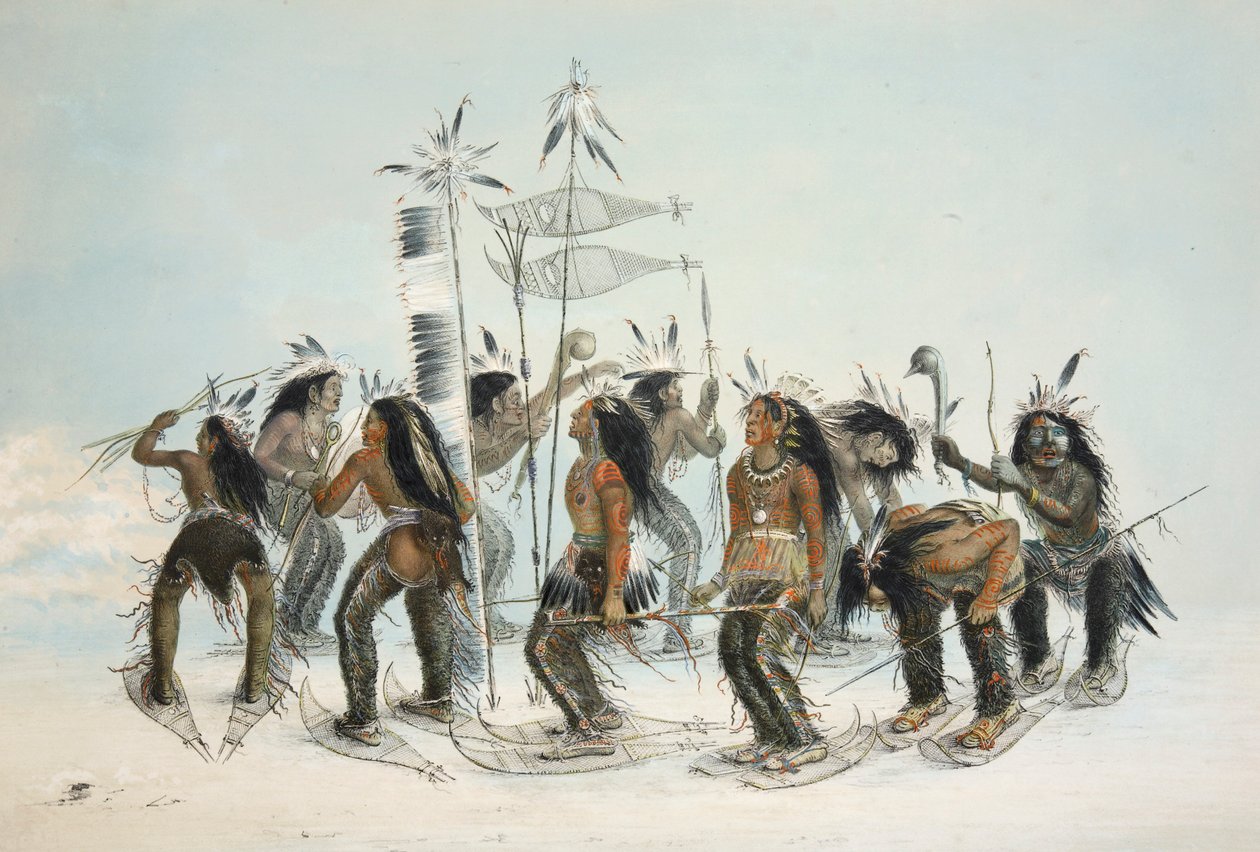 A Dança dos Sapatos de Neve, pub. Litografia colorida de 1845. de George Catlin