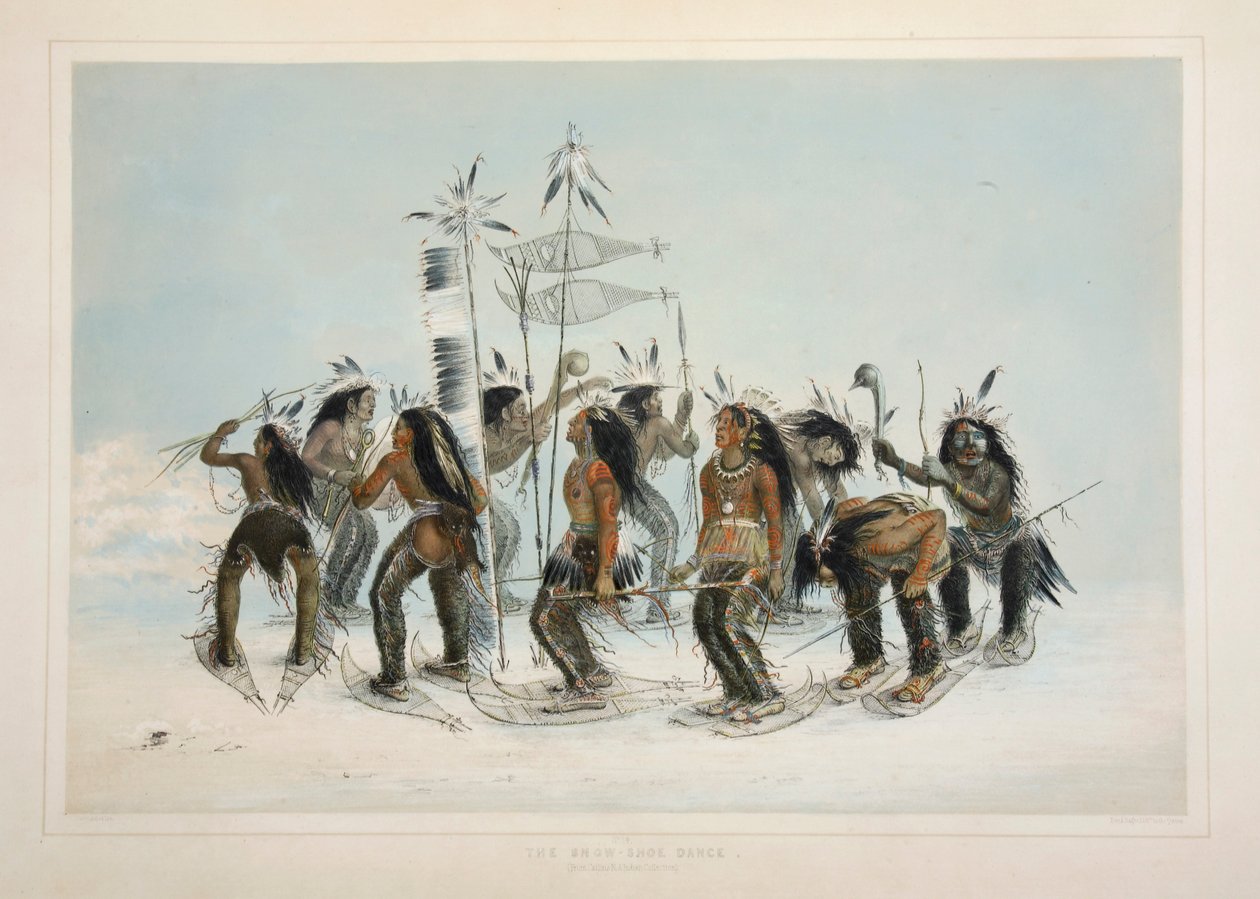 A Dança dos Sapatos de Neve, pub. Litografia colorida de 1845. de George Catlin