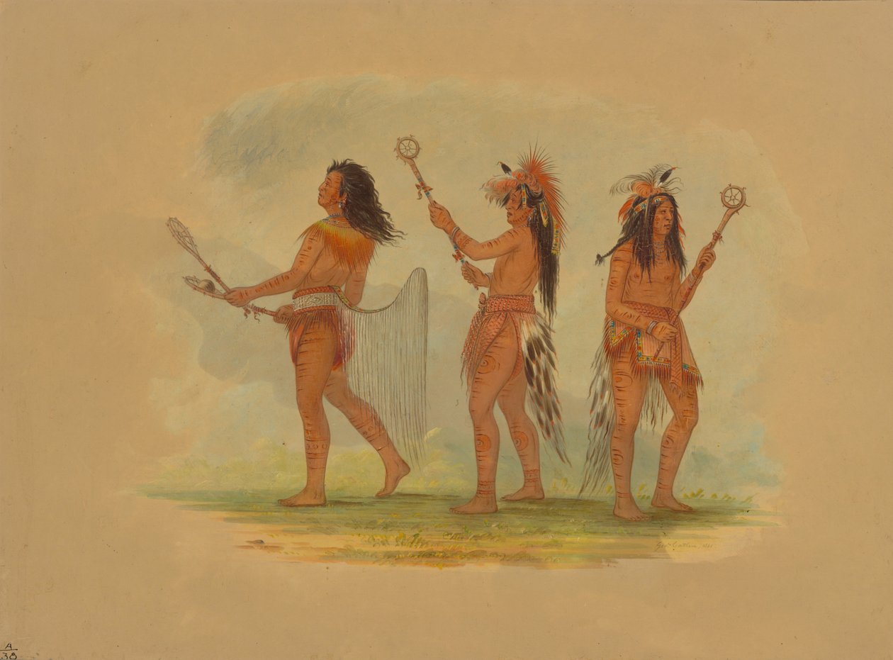 Três famosos jogadores de bola - Choctaw, Sioux e Ojibbeway, 1861. de George Catlin