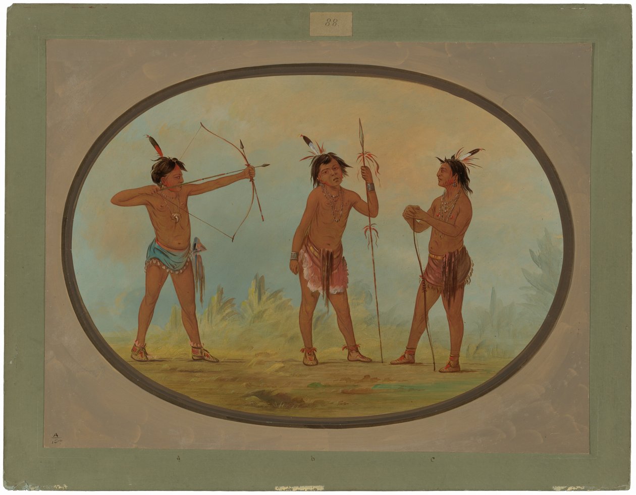 Três guerreiros Shoshonee armados para a guerra de George Catlin