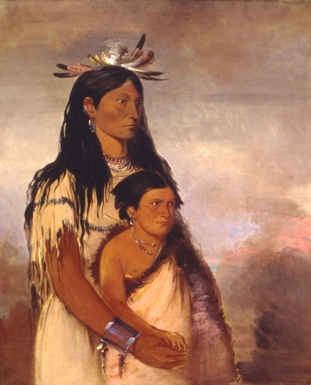 Túnk-aht-óh-ye, o Trovão, um Rapaz, e Wun-pán-to-mee, a Doninha Branca, uma Rapariga de George Catlin