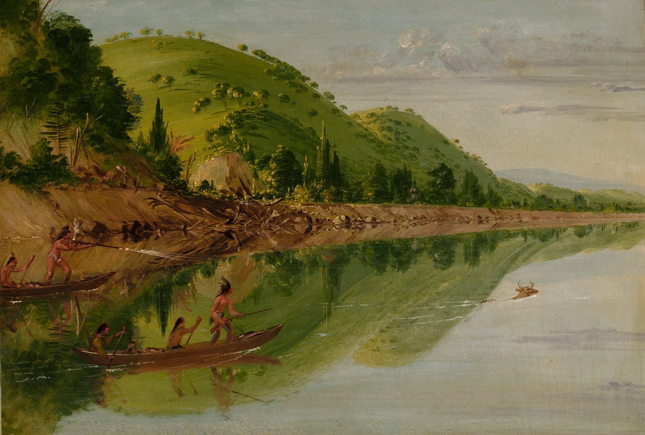 Vista do rio São Pedro, índios Sioux perseguindo um veado nas suas canoas de George Catlin