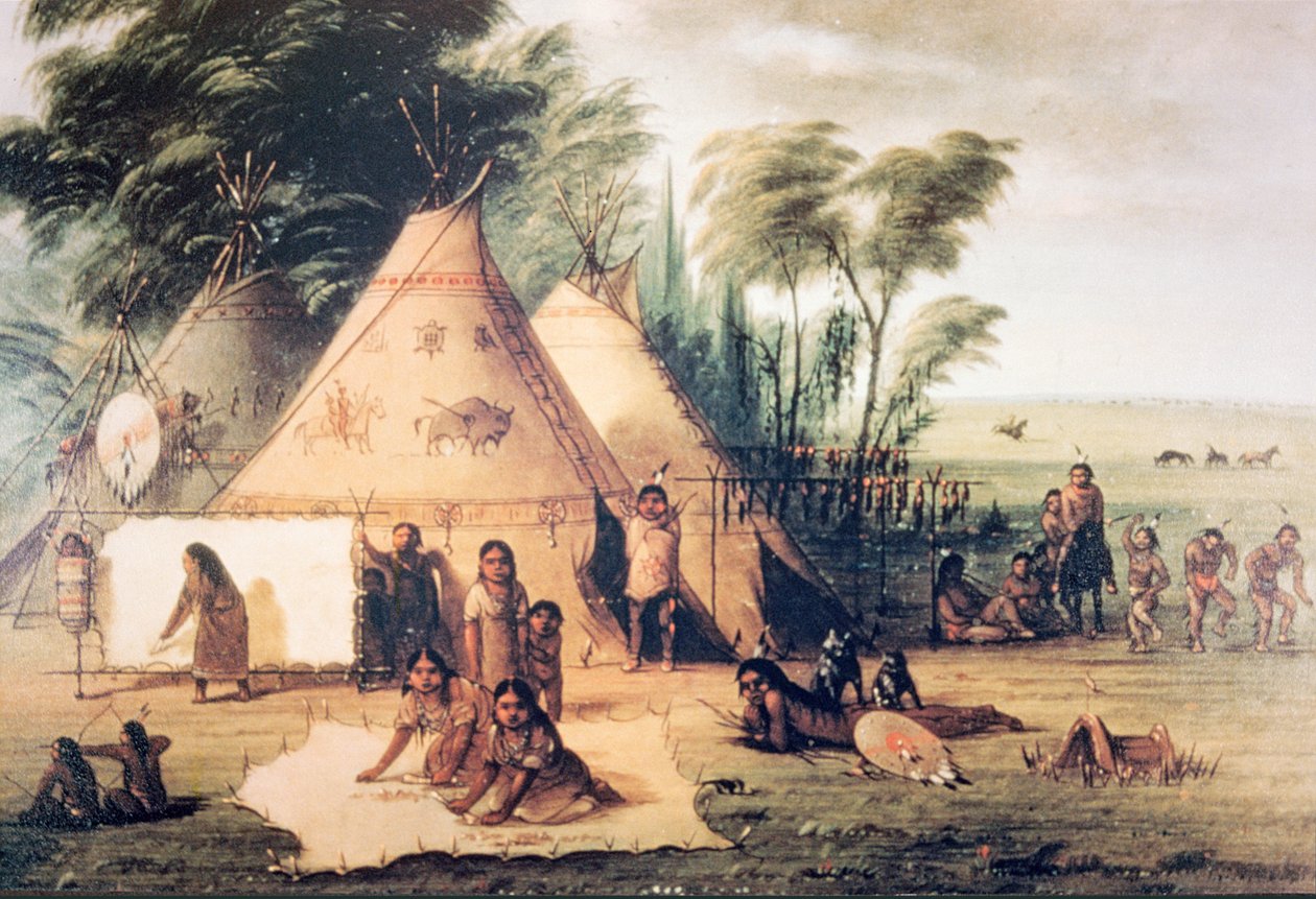 Aldeia da Tribo Sioux norte-americana (cor litho) de George Catlin