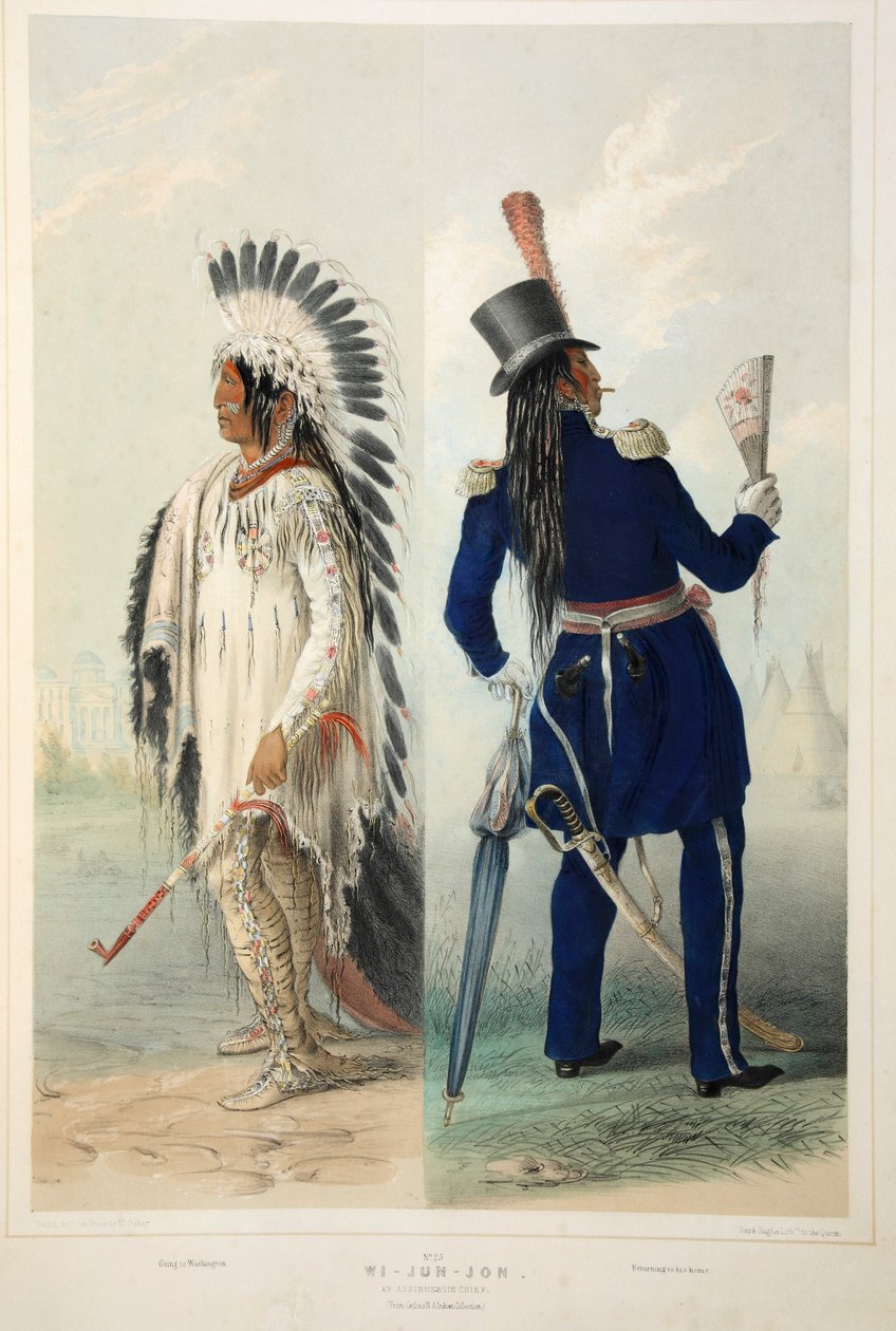 Wi-Jun-Jon, um chefe Assinneboin, pub. Litografia colorida de 1845. de George Catlin