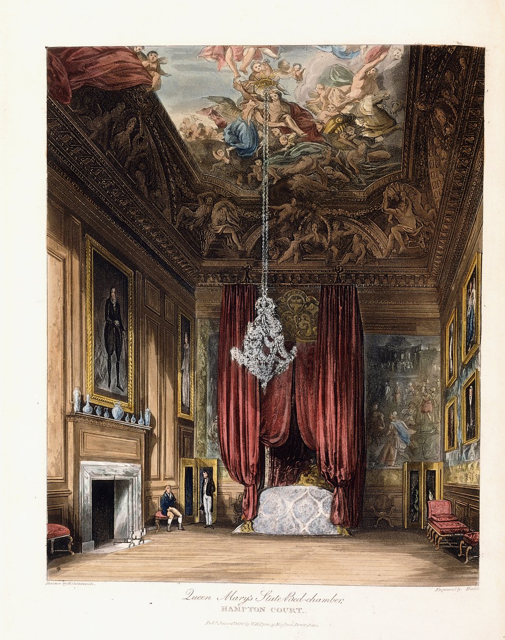 Cama do estado da rainha Mary, Hampton Court, 1819 de George Cattermole