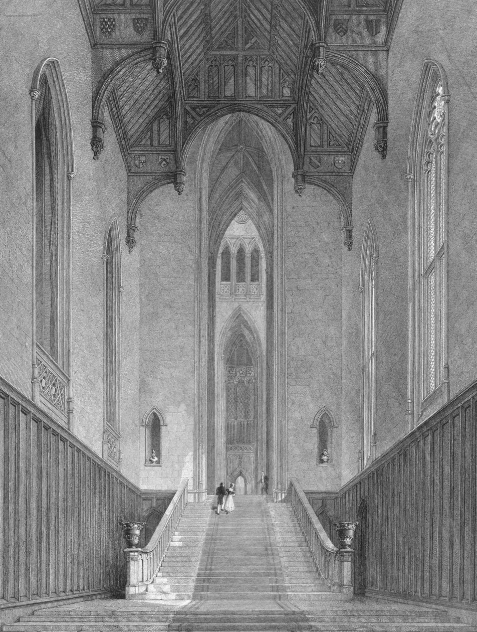 O Great Western Hall que leva ao Grand Saloon ou Octagon, Fonthill Abbey, gravado por CJ Varrall, 1823 de George Cattermole