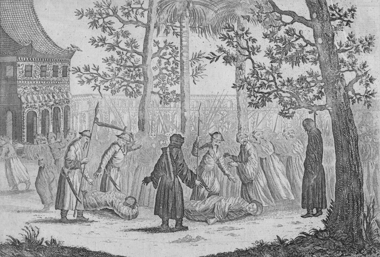 Morte do último imperador chinês do Ming em 1644 de Nieuhof, 1745 de George Childs