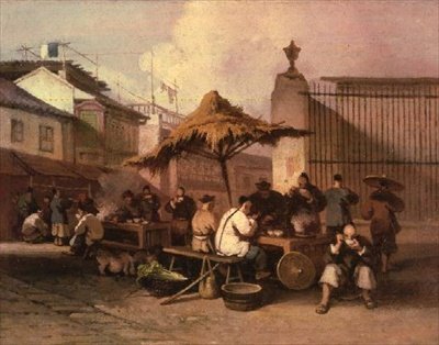 Um grupo de chineses comendo fora da igreja de São Domingos de George Chinnery
