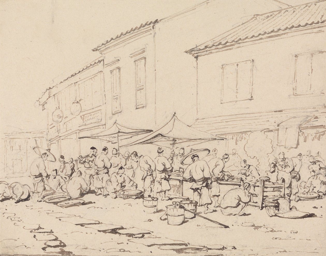 Uma praça de mercado e uma multidão de George Chinnery