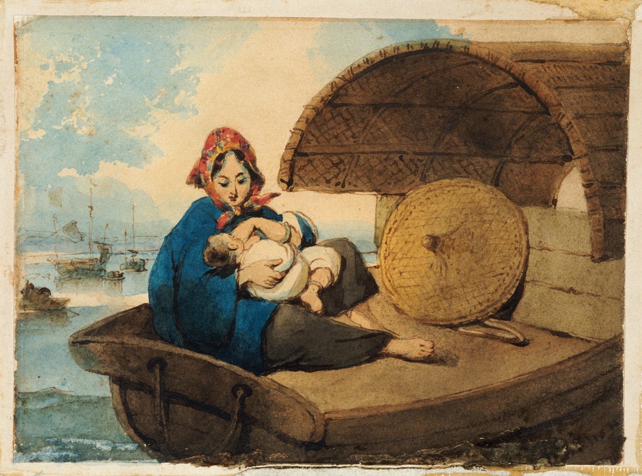 Uma mulher Tanka com seu filho em um barco de George Chinnery