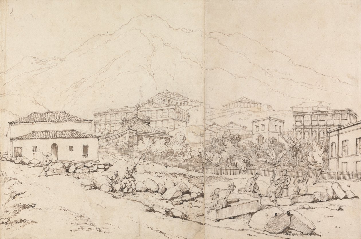 Construir numa colina de uma aldeia montanhosa (China?) de George Chinnery