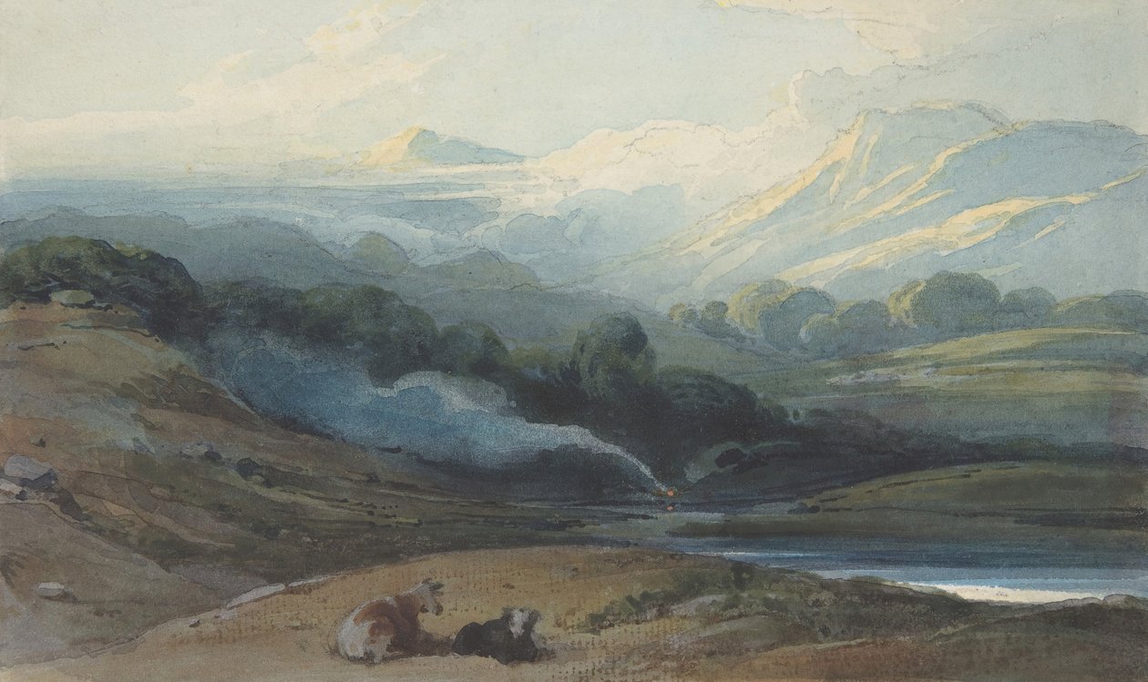 Gado descansando em uma paisagem montanhosa, ca. 1808-12. de George Chinnery