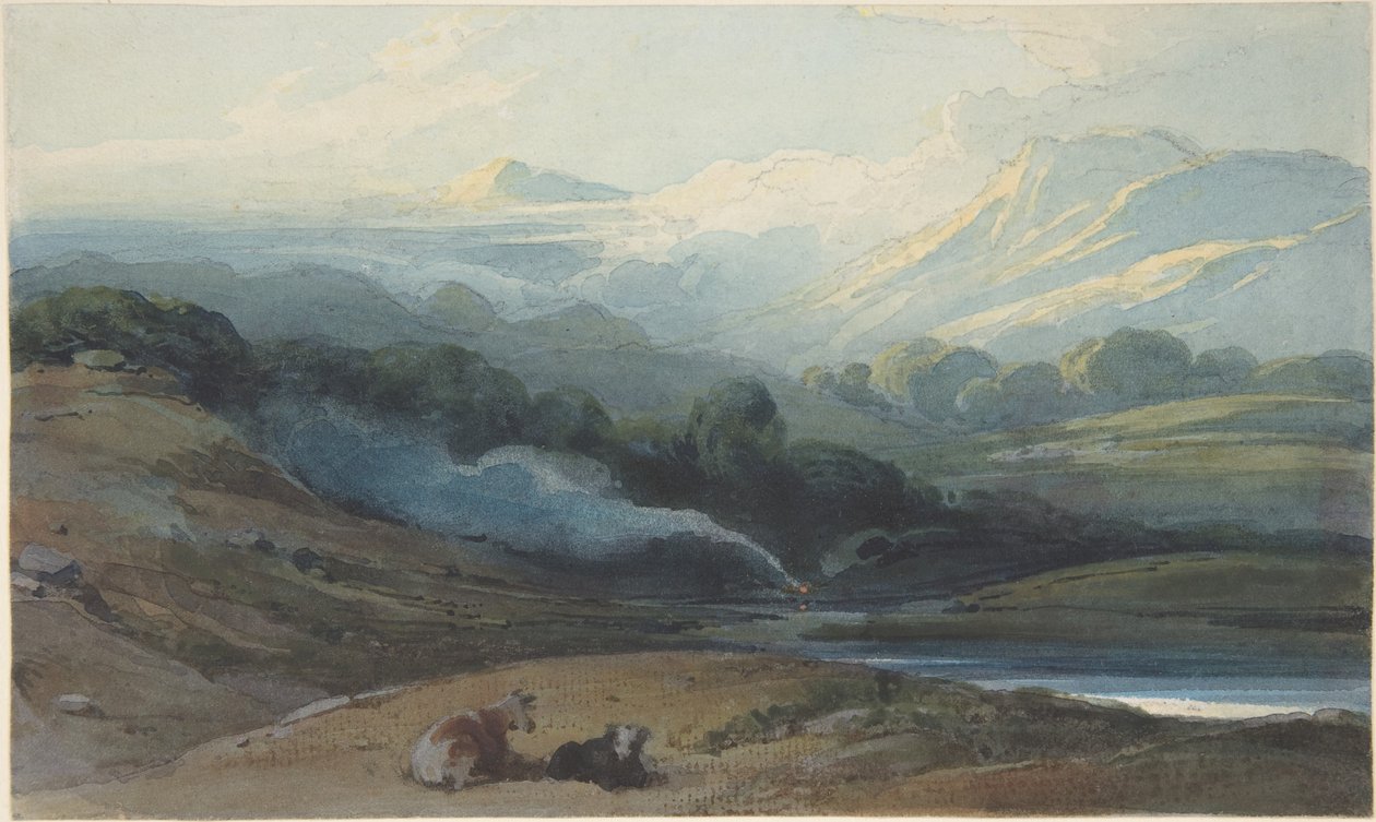 Gado em repouso numa paisagem montanhosa, Bengala de George Chinnery