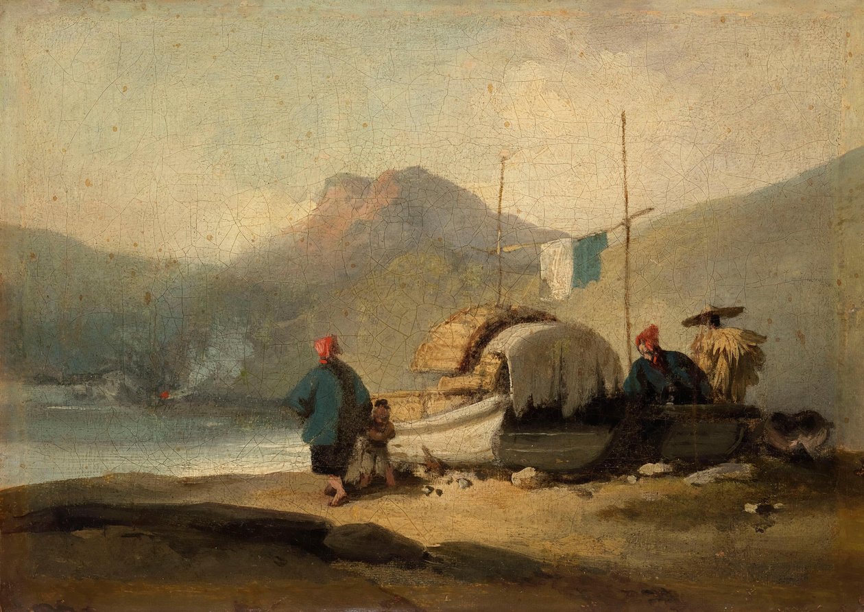 Cena chinesa, barcos junto ao lago de George Chinnery