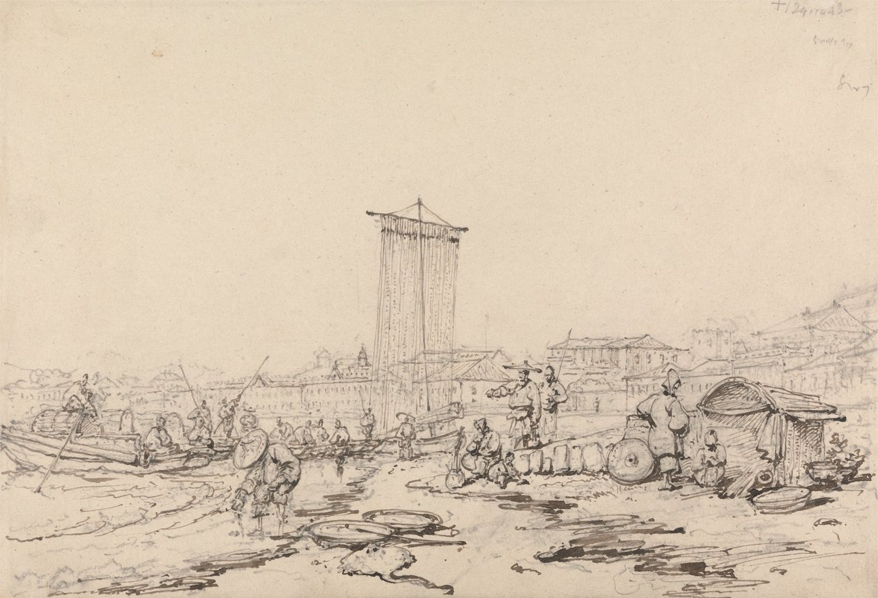 Cena da Costa com Pescadores e Edifícios, Macau de George Chinnery