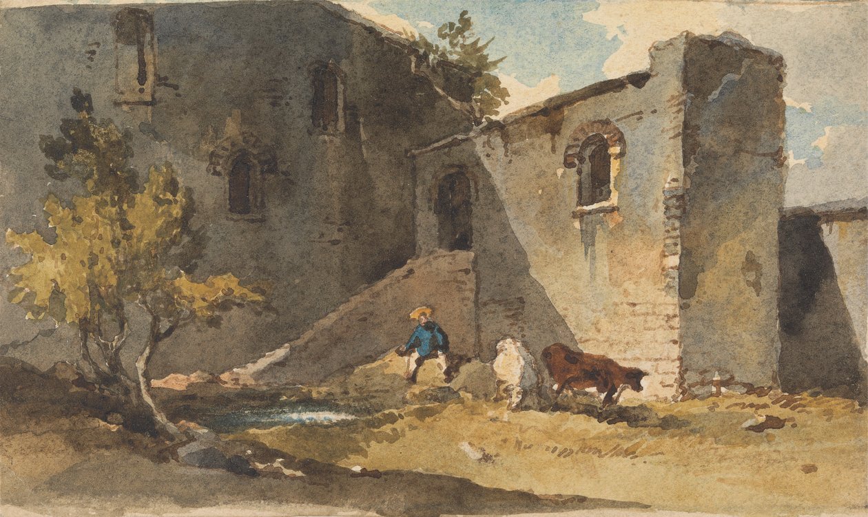 Figura com Gado de Pé na Sombra de um Edifício de George Chinnery