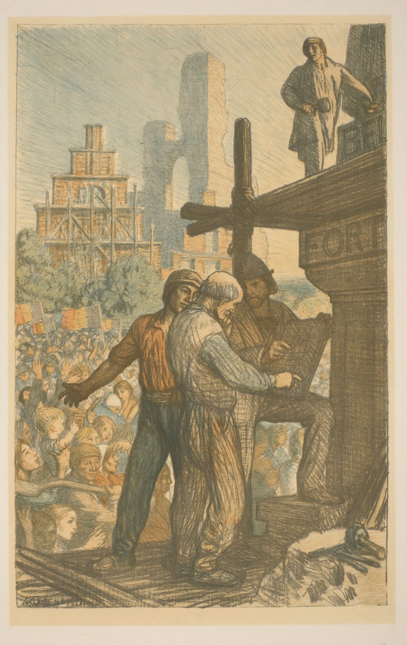 Trabalhadores da construção civil em uma multidão A Reconstrução da Bélgica (título original) Grande Guerra: Esforços e Ideais da Grã-Bretanha (título da série) A Grande Guerra: Esforços e Ideais da Grã-Bretanha (título original da série) de George Clausen