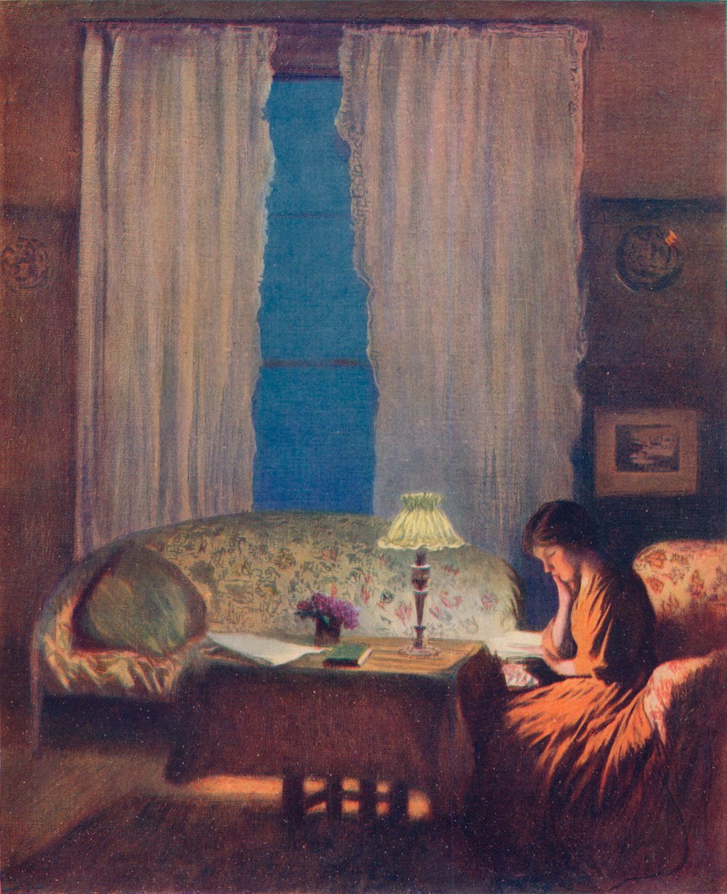 Leitura de Lamplight Twilight: Interior, 1909 de George Clausen