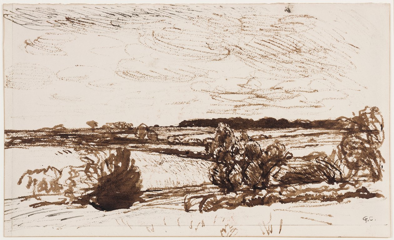 Paisagem windblown (caneta, pincel e tinta sépia no papel) de George Clausen