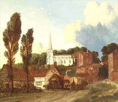 Uma vista do Harrow, com a Igreja de Santa Maria e o edifício e pátio das Escolas Antigas de George Clint