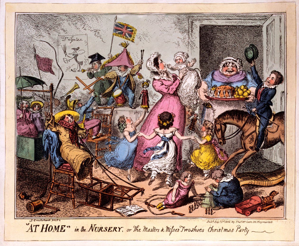 EM CASA no BERÇÁRIO, ou O MESTRE E PERDER dois sapatos Festa de Natal, 1835 (gravura colorida) de George Cruikshank