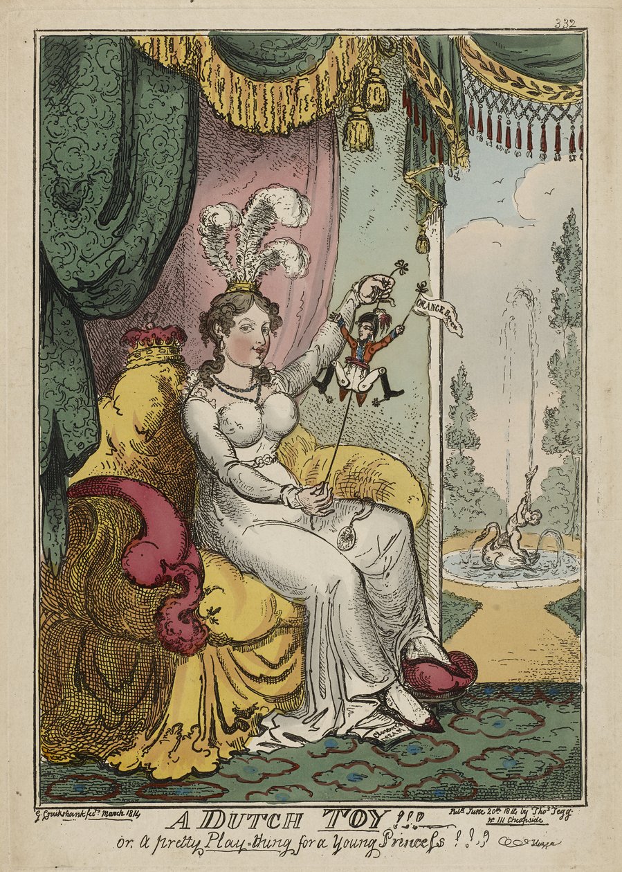 Um brinquedo holandês!!! ou, Um Bonito brinquedo para uma Jovem Princesa!!! Huzza, Março de 1814, publicado a 20 de Junho. de George Cruikshank