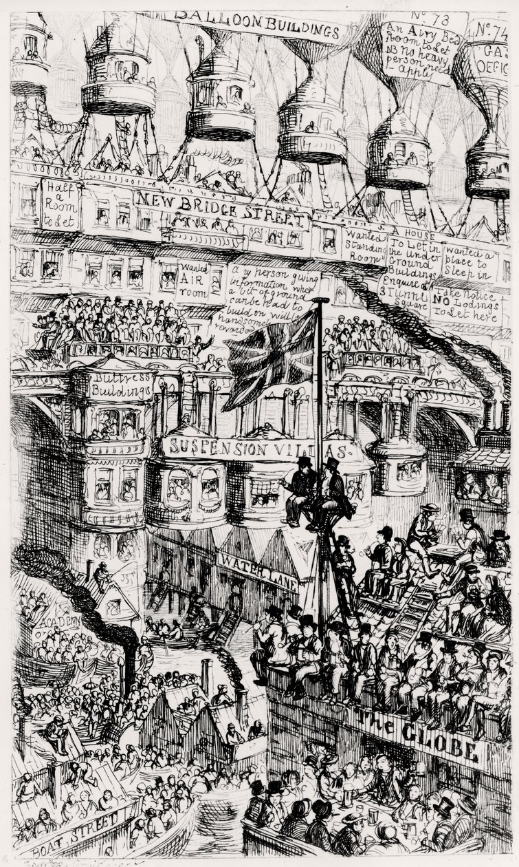 Uma visão malthusiana de uma Londres superlotada, Inglaterra, do futuro, depois dos escritos de Thomas Malthus de George Cruikshank