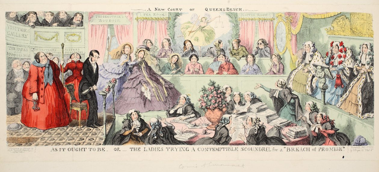 Uma nova corte do banco da rainha: Como deveria ser ou as damas que tentam um canalha desprezível por uma &39;quebra de promessa&39;, pub. 1850 (gravura colorida à mão) de George Cruikshank