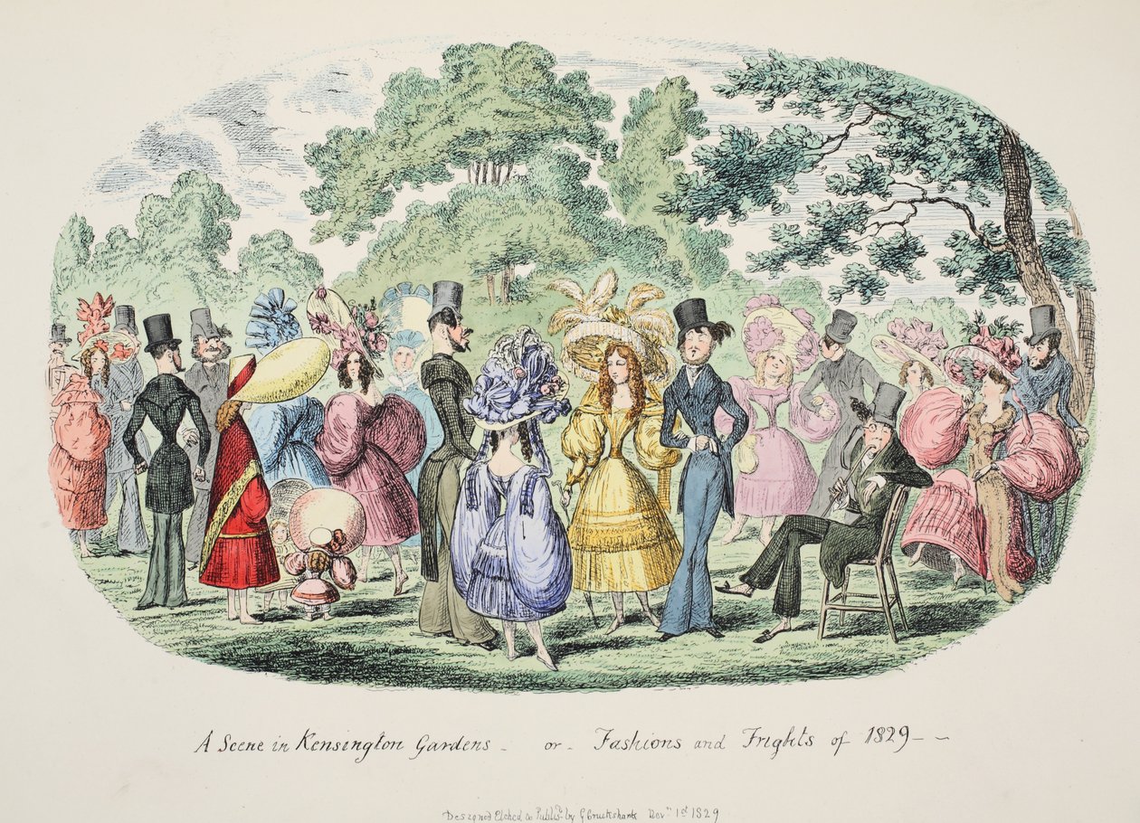 Uma cena em Kensington Gardens - ou - Fashions and Frights of 1829, pub. 1829 (gravura colorida à mão) de George Cruikshank