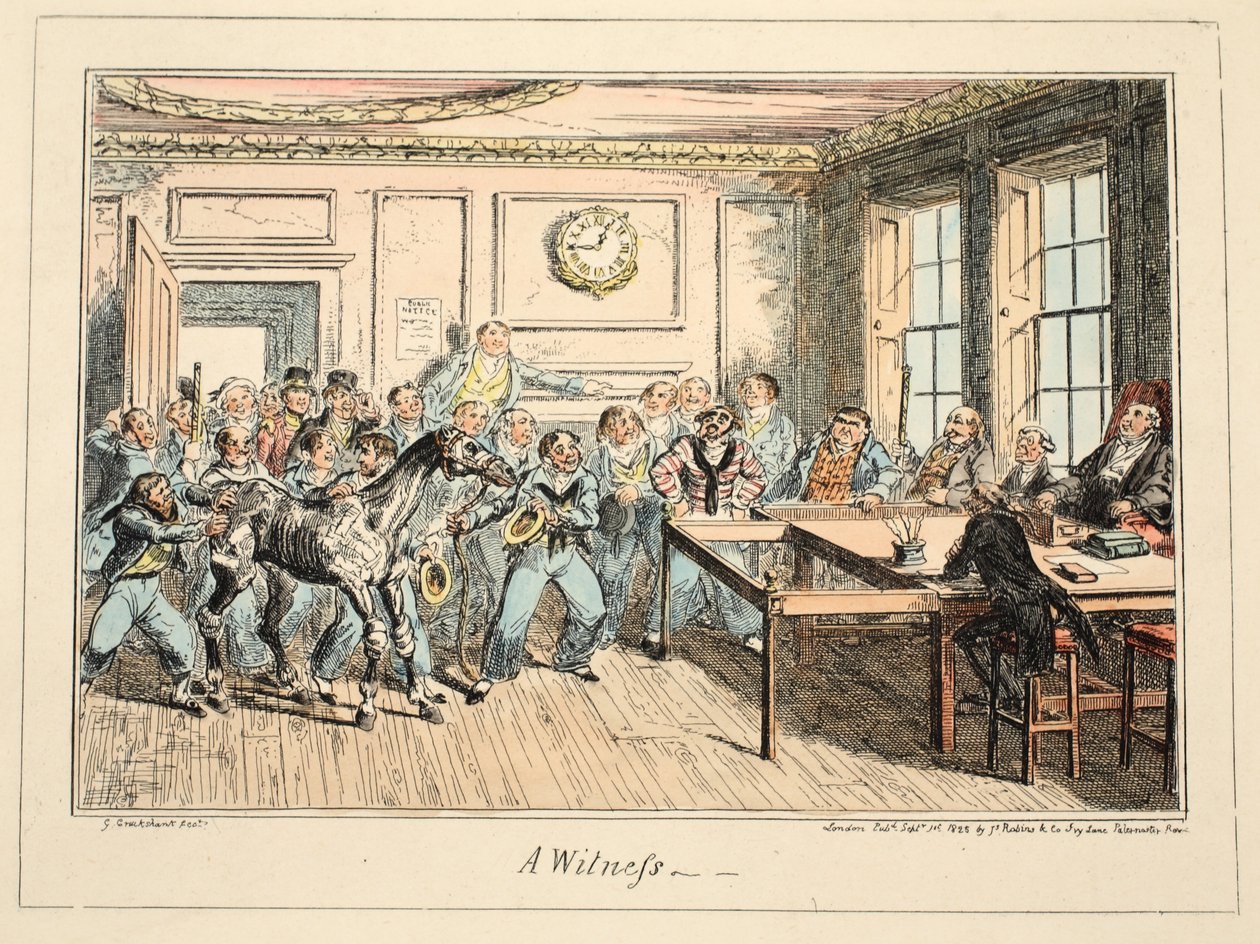Uma testemunha, do hospital de Greenwich, uma série de esboços navais, descritiva de uma vida de um homem do homem de guerras, bar. 1825 (gravura colorida à mão) de George Cruikshank