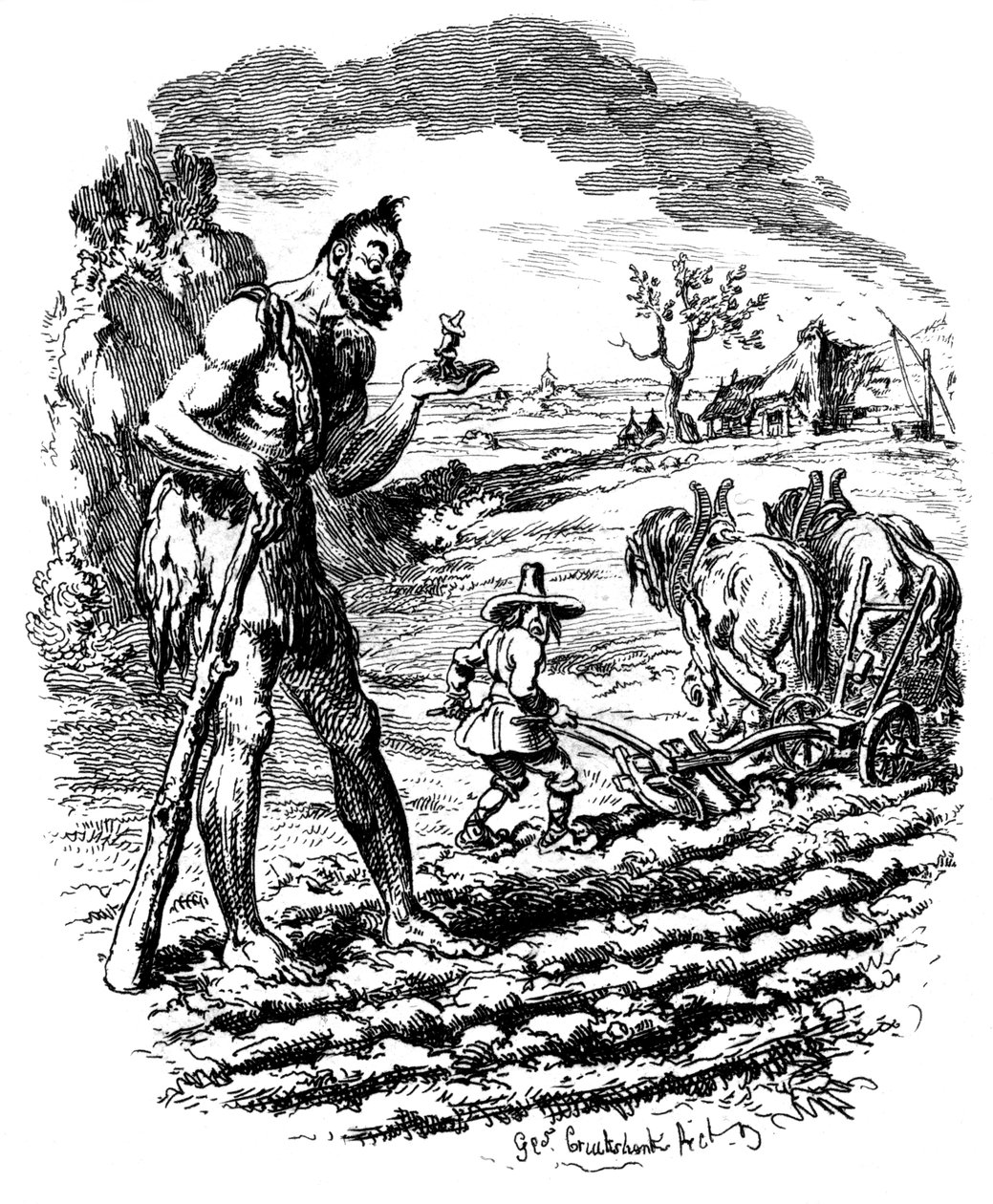 Um gigante está em um campo enquanto um fazendeiro ara, do século XIX. de George Cruikshank