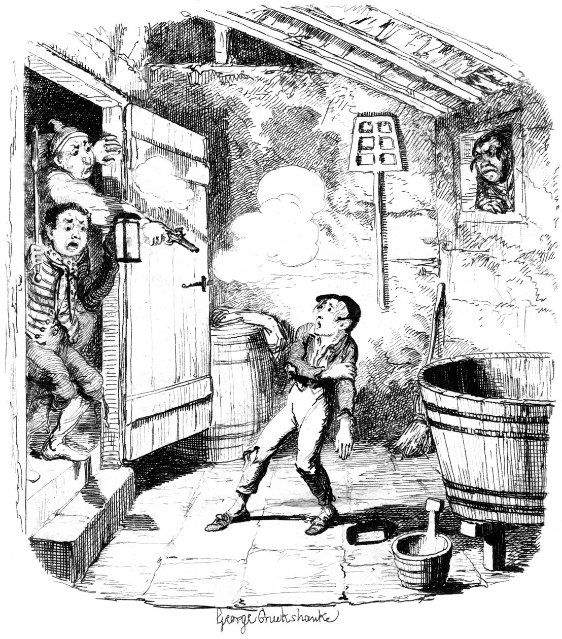 Um homem mata um garoto que ele suspeita de roubar, do século XIX. de George Cruikshank
