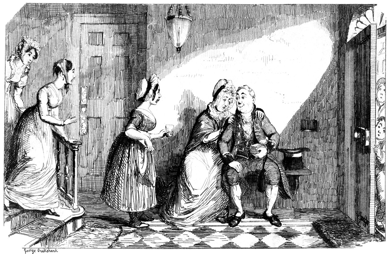Várias mulheres atendem a um homem pobre, do século XIX. de George Cruikshank