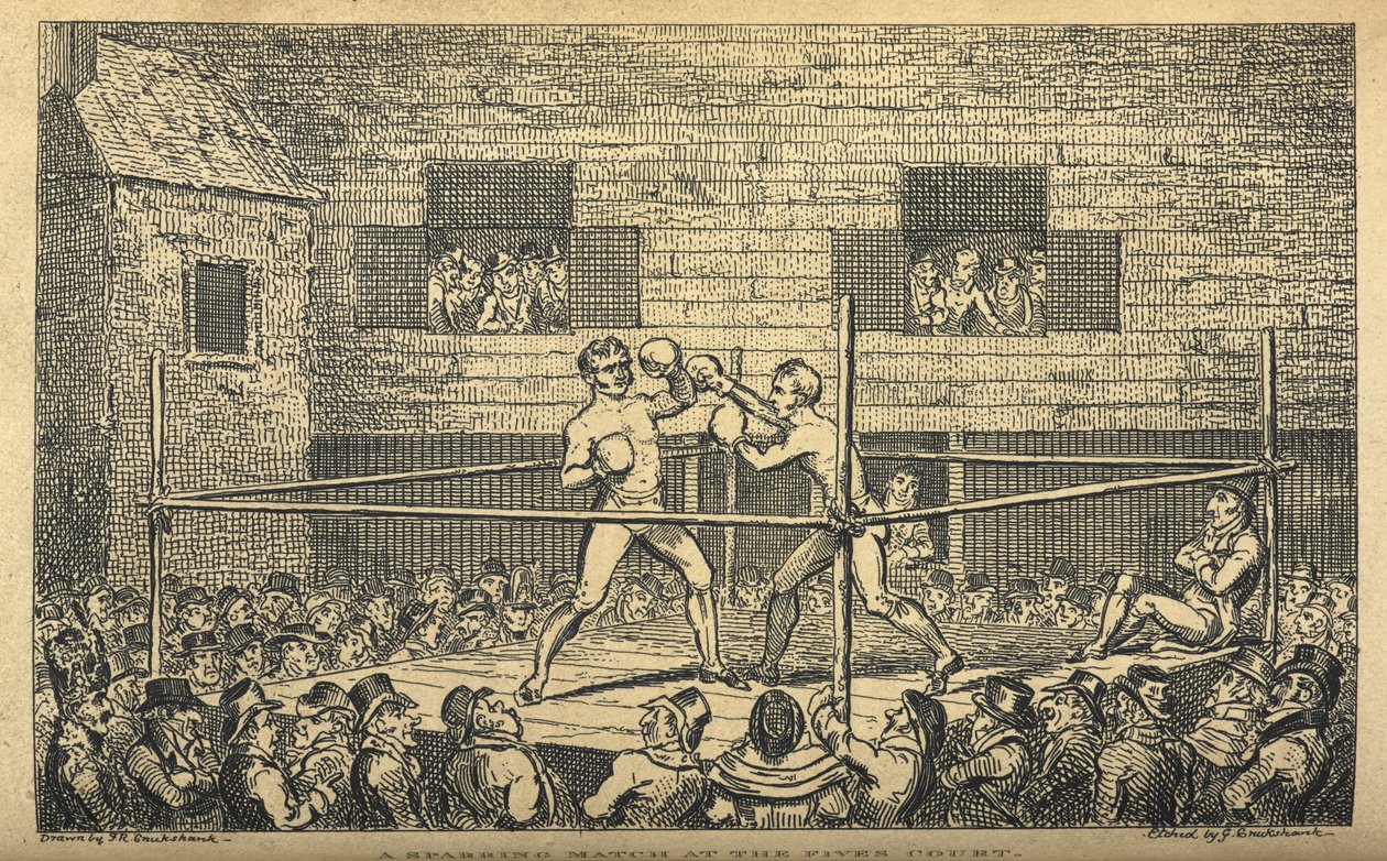 Um combate de luta no tribunal de Fives. Um combate de boxe, de 