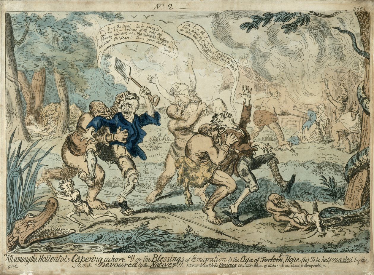 Todos entre os hotentotes Capering Em terra ..., publicado em 7 de setembro de 1819 de George Cruikshank