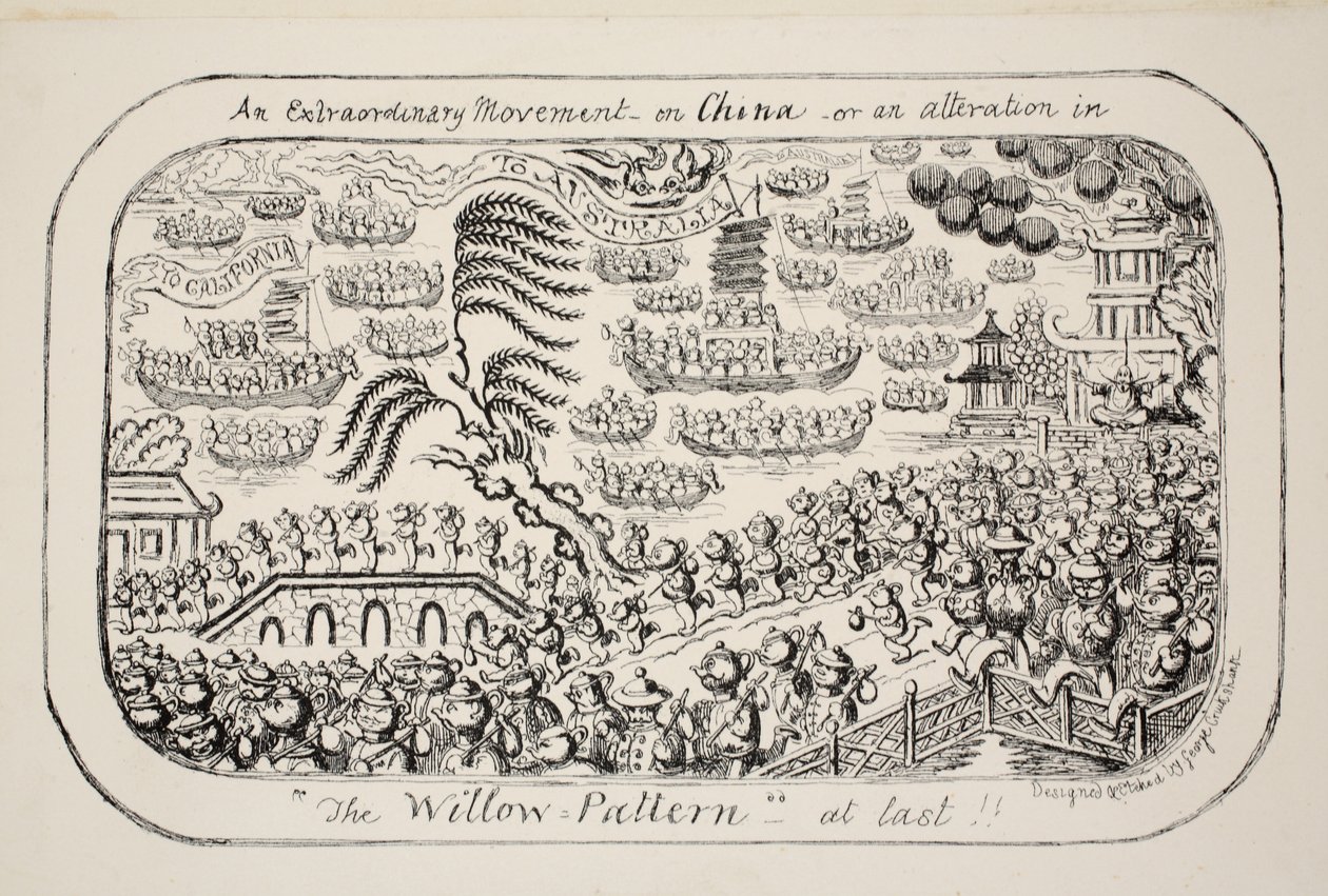 Um Movimento Extraordinário na China - ou - uma alteração no Padrão de Salgueiro, finalmente !!, pub. 1853 de George Cruikshank