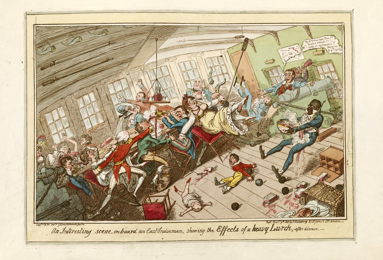 An Interesting Scene on board an East-Indiaman, showing the Effects of a Heavy Lurch, pub.1818 (gravura a cores) de George Cruikshank