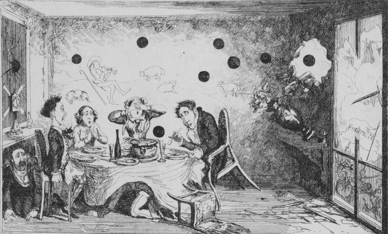 Um jantar inglês interrompido em Paris, c1849. de George Cruikshank