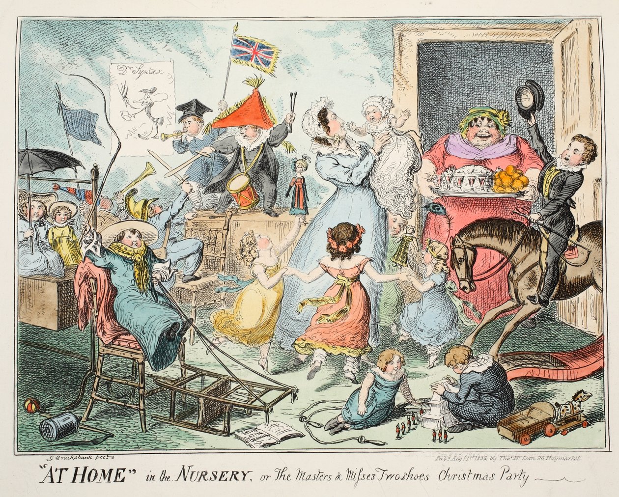 Em casa no berçário, ou &39;Os mestres e senhoritas dois sapatos de festa de Natal&39;, 1835 (gravura colorida à mão) de George Cruikshank