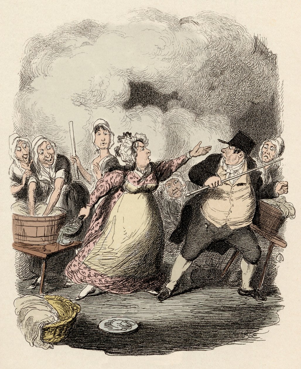 No hospital, Monsieur Bumble é severamente repelido pela sua esposa, Madame Corney - Mr Bumble degradado aos olhos dos pobres - Ilustração para "Oliver Twist" (Olivier) (As Aventuras de Oliver Twist) por Charles Dickens (1812-1870), por George Cruikshan de George Cruikshank