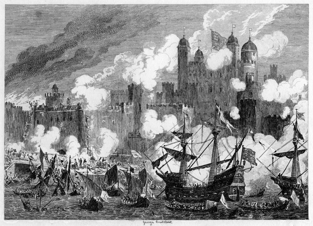 Ataque à Torre de São Tomás pelo Duque de Suffolk, 1554 1840. de George Cruikshank