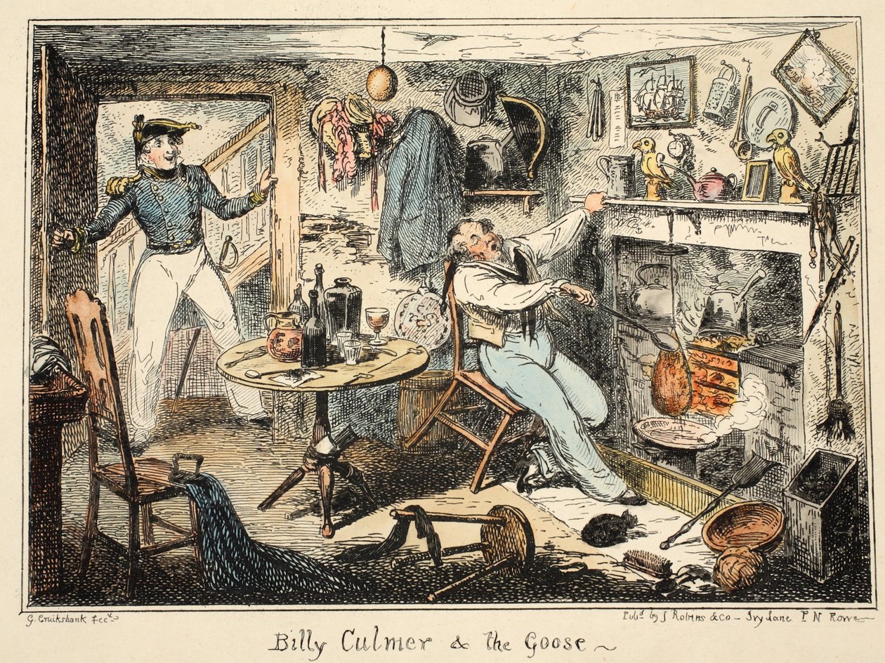 Billy Culmer & the Goose, do Greenwich Hospital, uma série de esboços navais, descritiva de uma vida de um homem de guerras, pub. 1826 (gravura colorida à mão) de George Cruikshank
