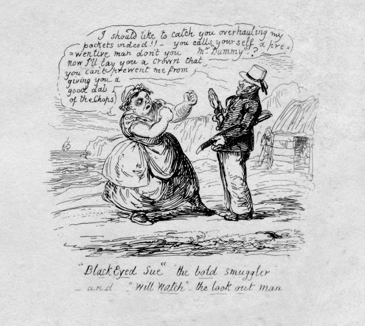 Black Eyed Sue, o contrabandista ousado e Will Watch the look out man, 1829 de George Cruikshank