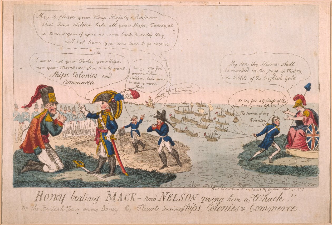 Boney Batendo Mack - E Nelson Dando Um Golpe !, 1805 (gravura colorida) de George Cruikshank