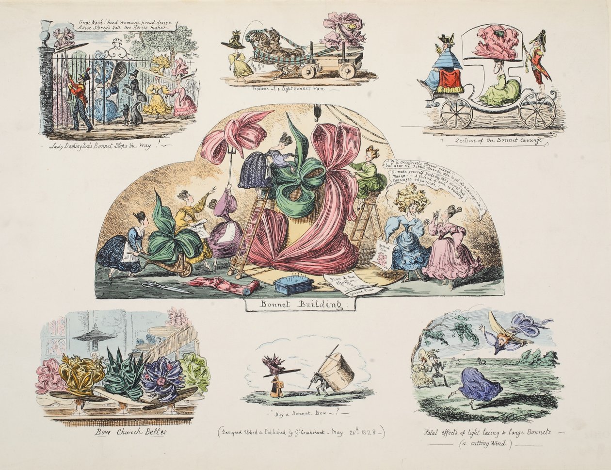 Bonnet Building, pub. 1828 (gravura colorida à mão) de George Cruikshank