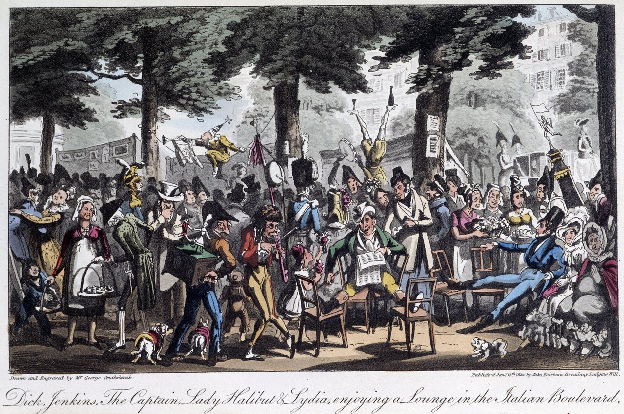 Boulevard des Italiens - em "Life in Paris" de David Carey, Londres de George Cruikshank