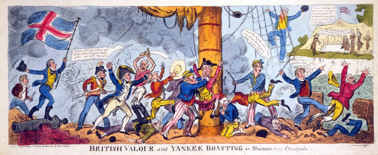 Valor britânico e Yankee Boasting ou, Shannon contra Chesapeake, bar. 1813 (gravura colorida à mão) de George Cruikshank