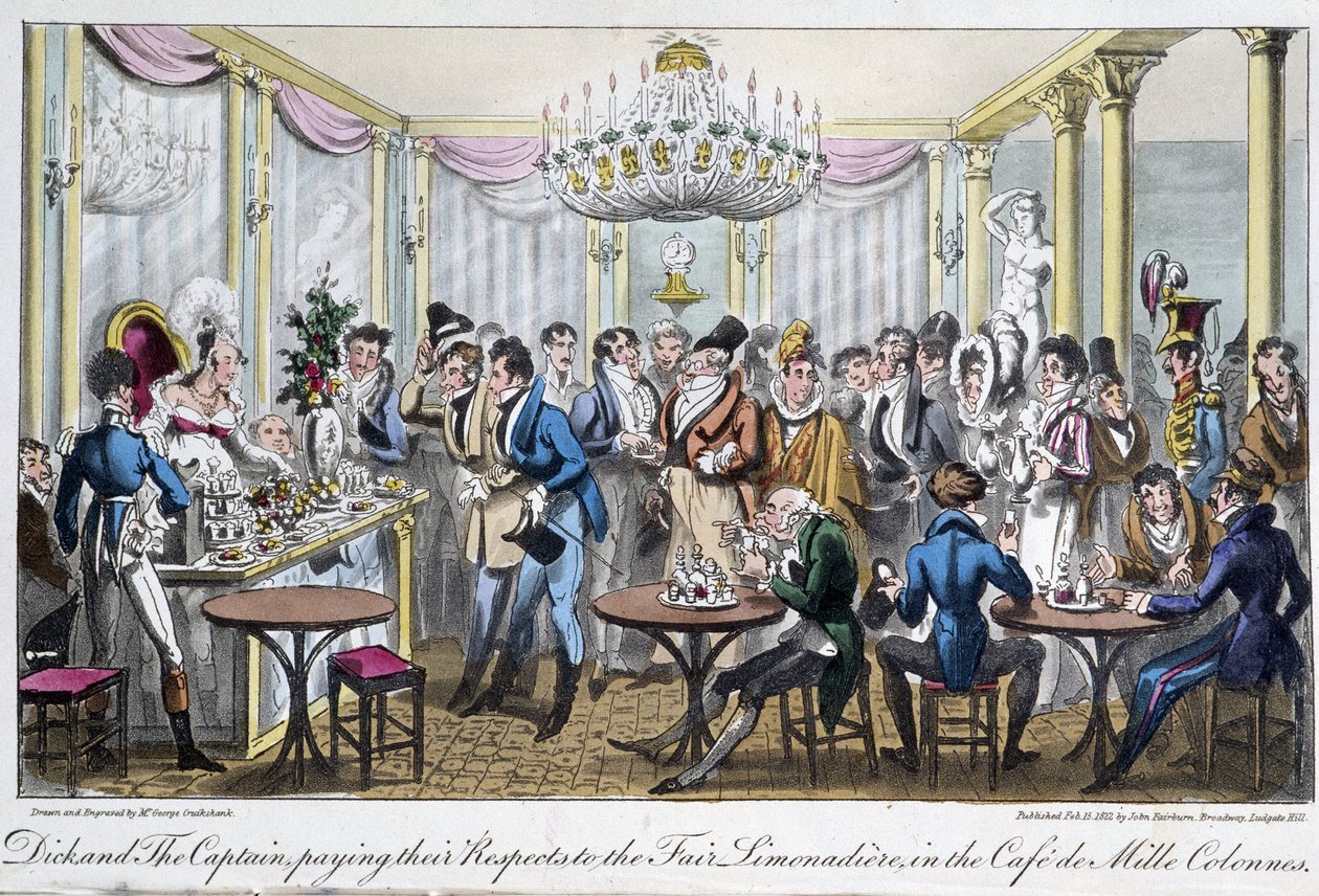 Café des Milles columns - in "Life in Paris" de David Carey, Londres de George Cruikshank